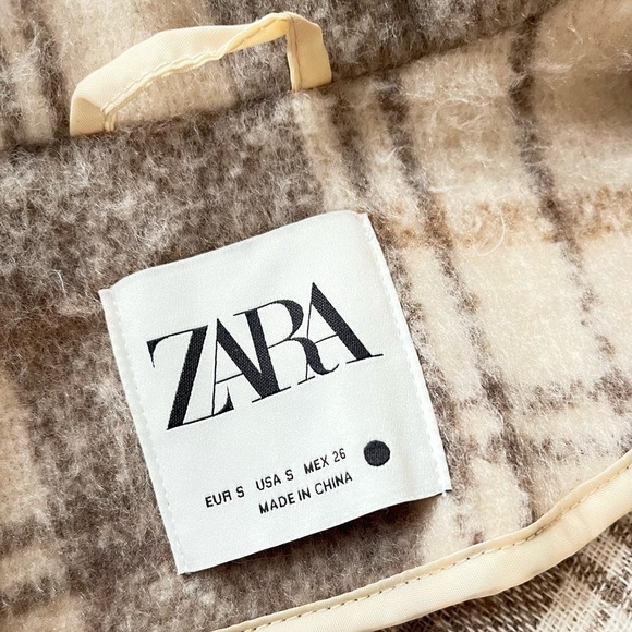 Zara Coat Women’s Small Cream Brown Plaid Shacket Jacket - Picture 3 of 5